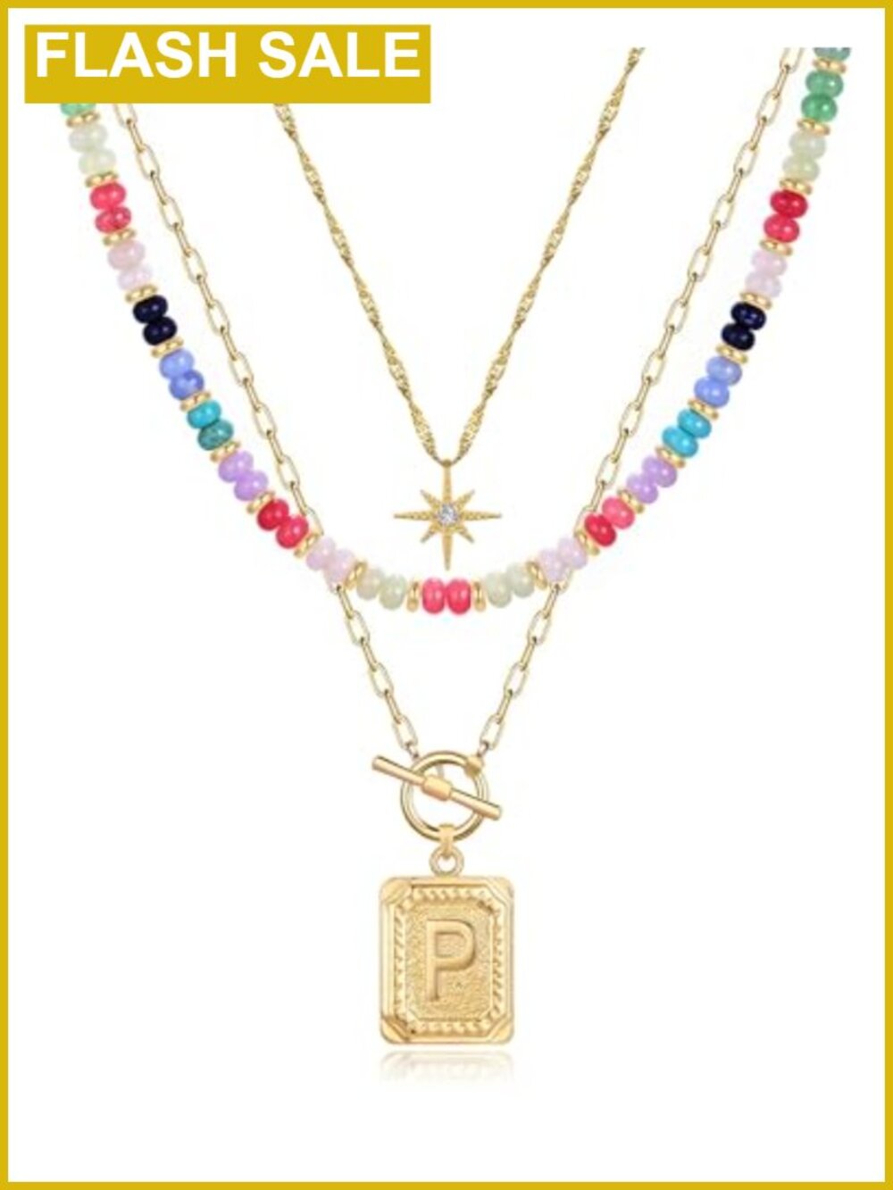 14K Gold Plated Layered Initial Necklace Set 3 Piece Star Beaded
